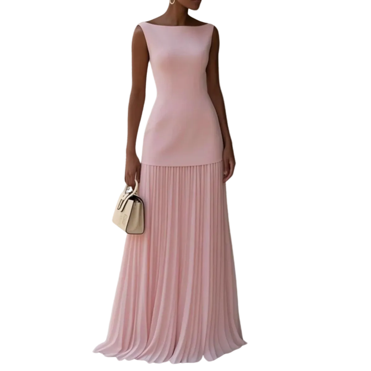 Women's Bateau Neck Pleated Drop Waist Dress Maxi
