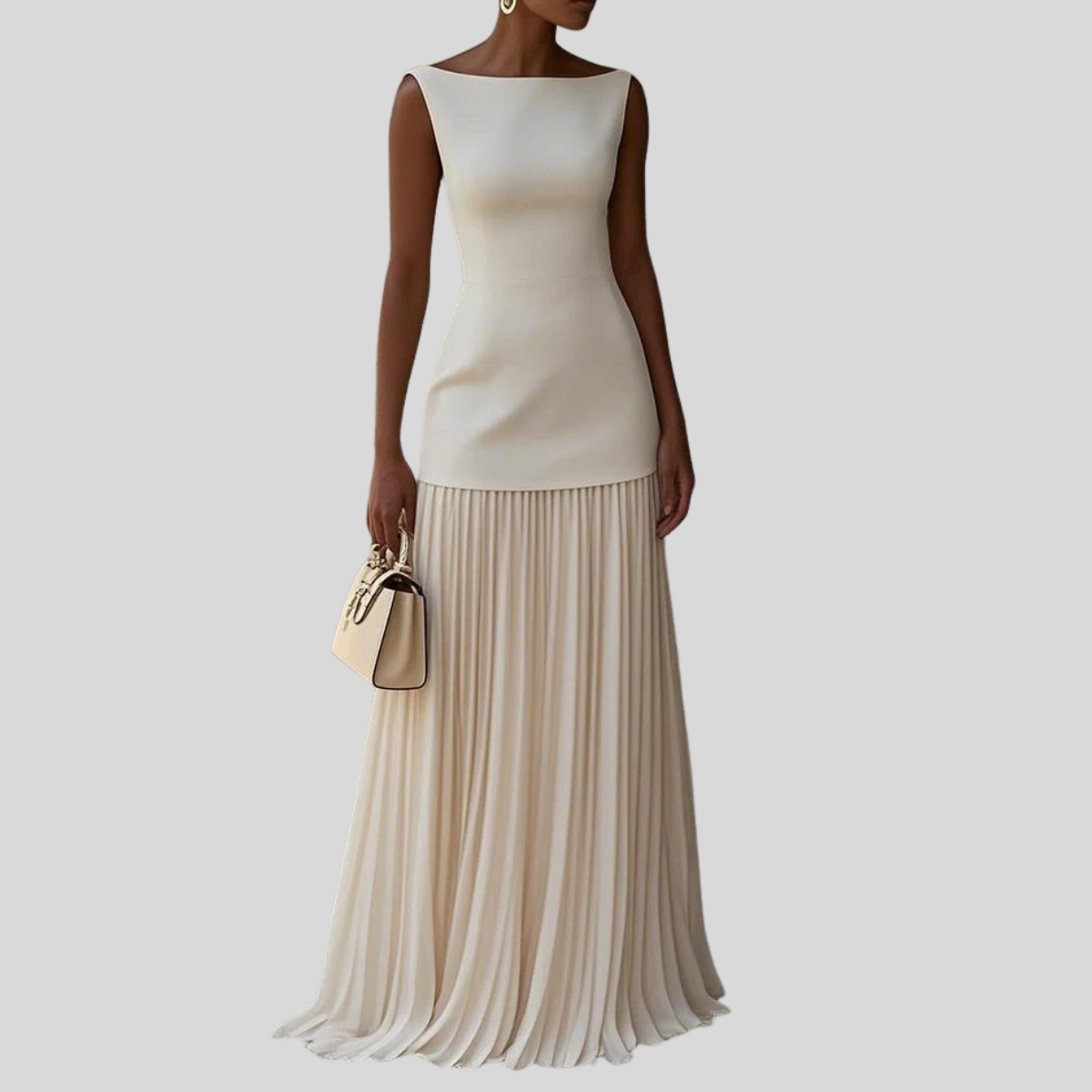 Women's Bateau Neck Pleated Drop Waist Dress Maxi