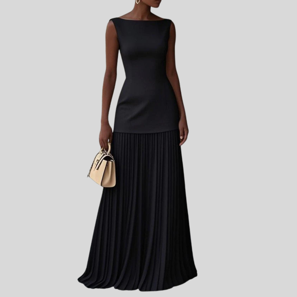 Women's Bateau Neck Pleated Drop Waist Dress Maxi