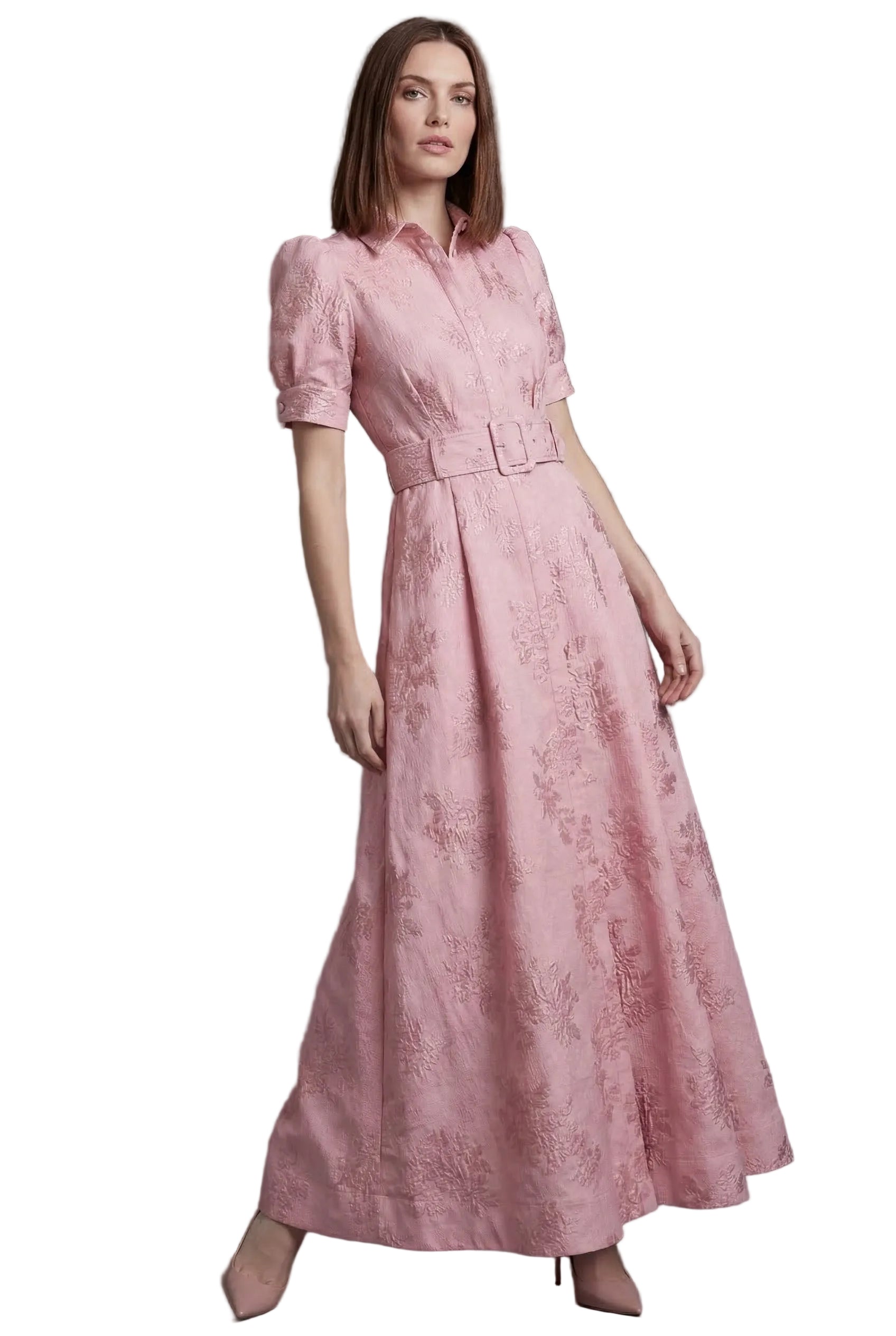 Women's Belted Puff Sleeve A Line Dress Maxi