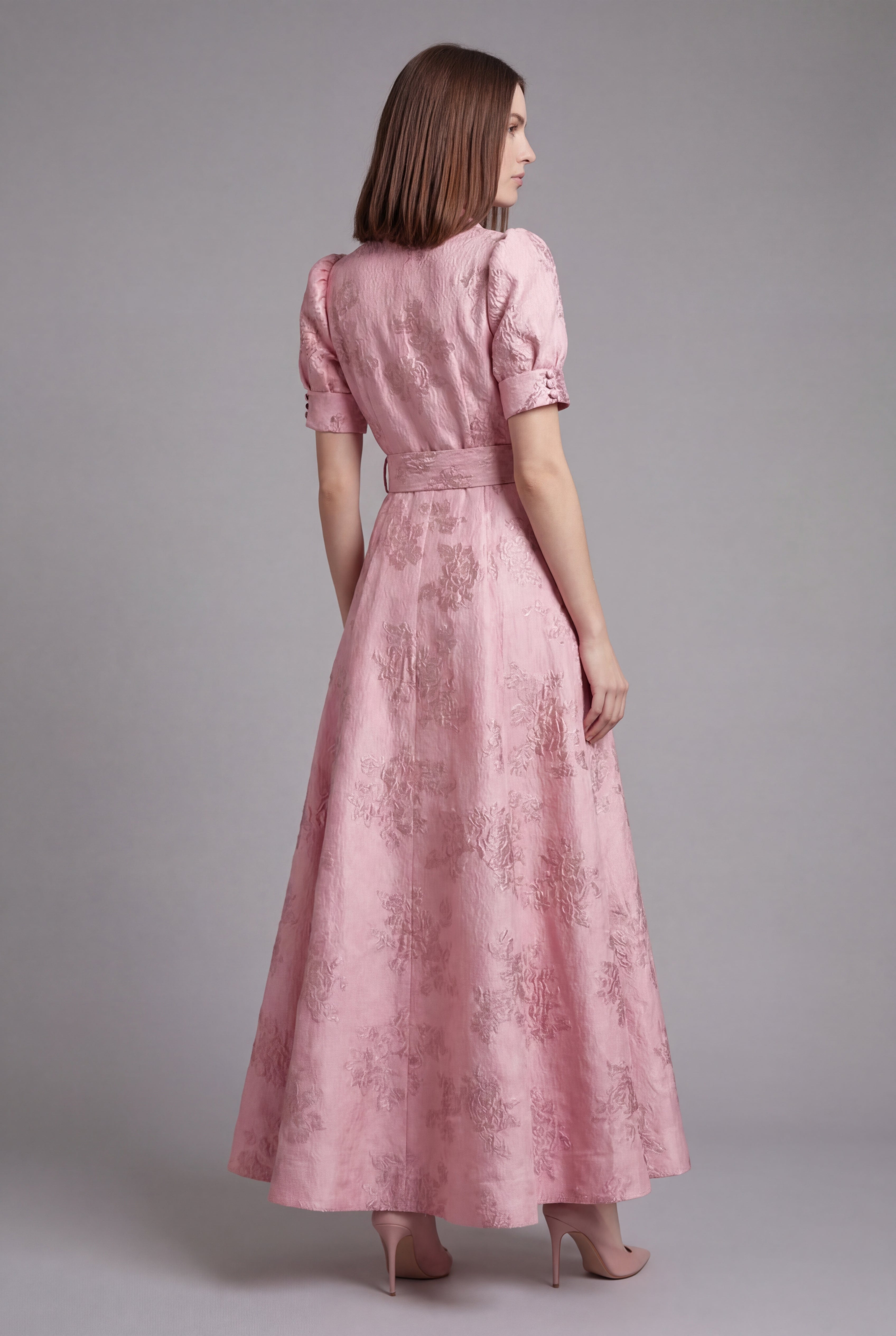 Women's Belted Puff Sleeve A Line Dress Maxi