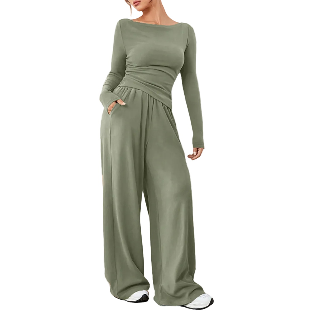 Women's Boat Neck Long Sleeve Top Palazzo Trouser Set Crossover Waist