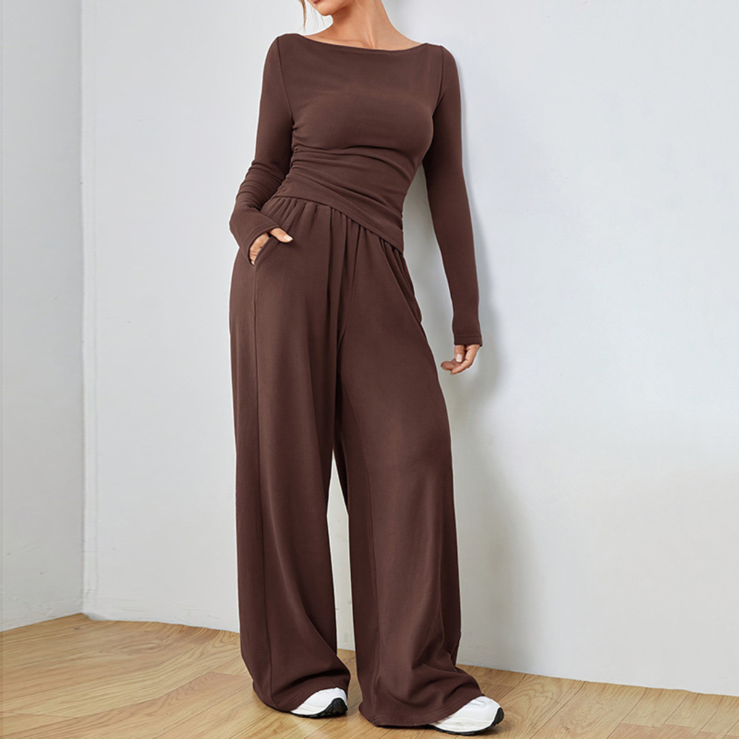 Women's Boat Neck Long Sleeve Top Palazzo Trouser Set Crossover Waist
