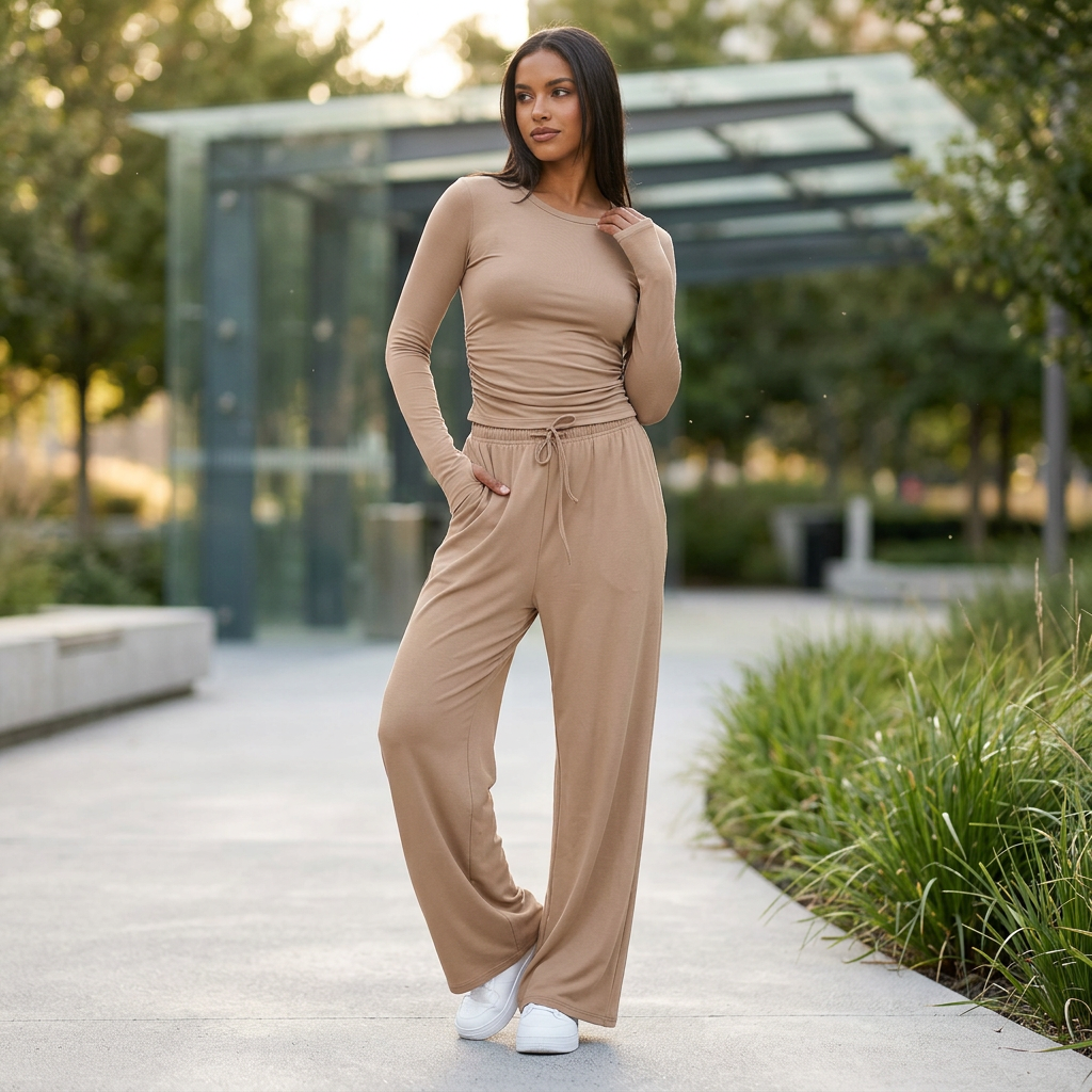 Women's Fitted Long Sleeve Top Wide Leg Trouser Set Ruched Side