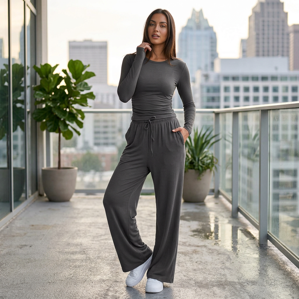 Women's Fitted Long Sleeve Top Wide Leg Trouser Set Ruched Side