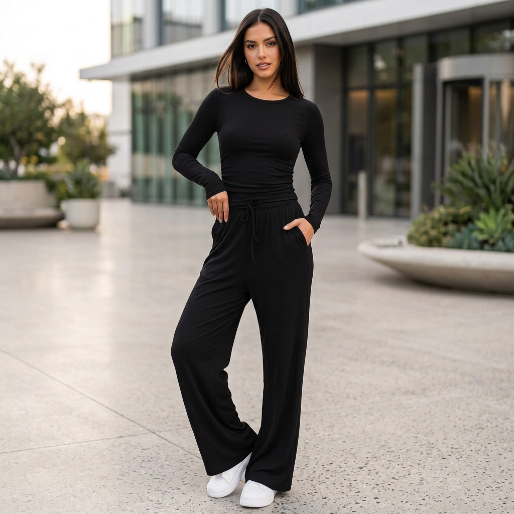 Women's Fitted Long Sleeve Top Wide Leg Trouser Set Ruched Side