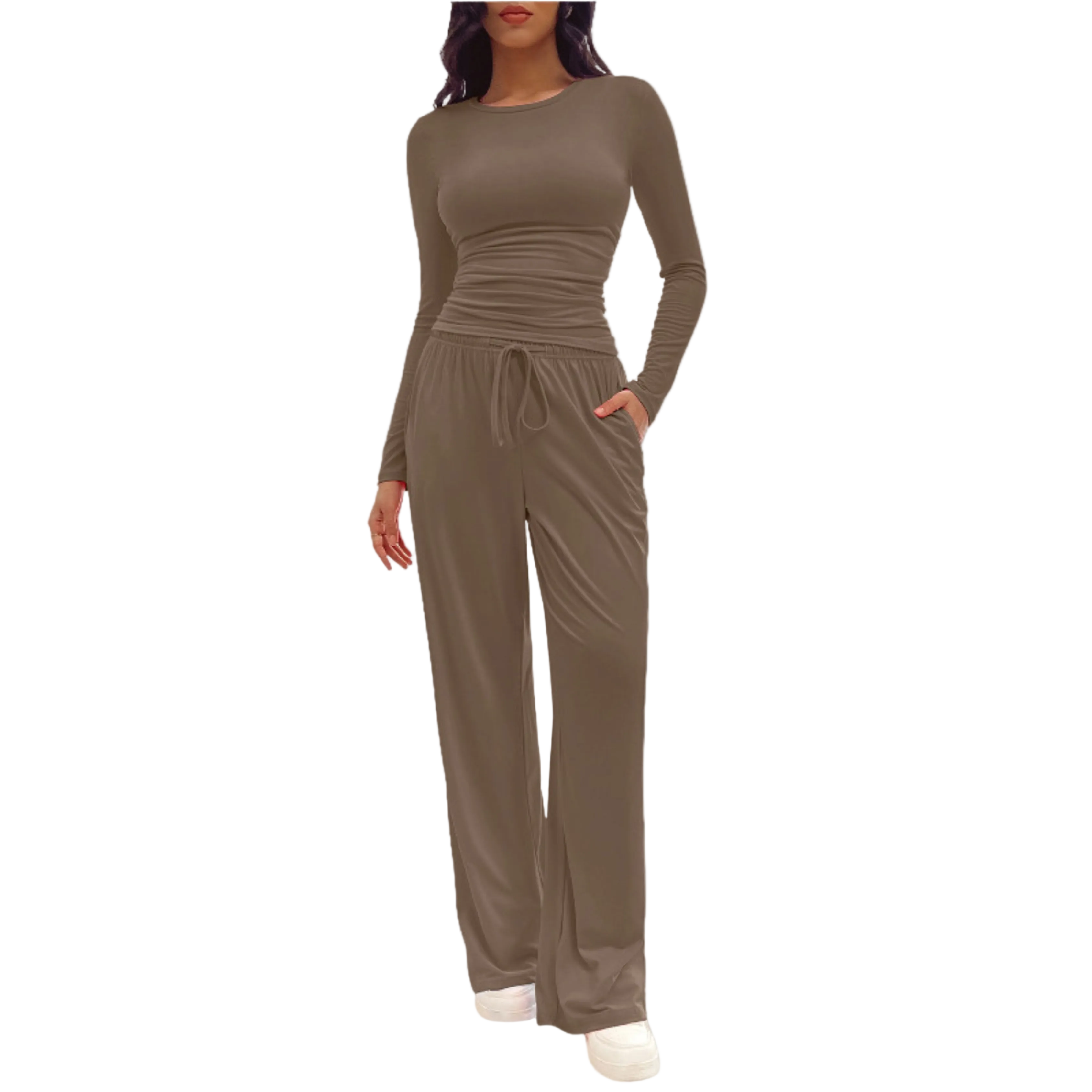 Women's Fitted Long Sleeve Top Wide Leg Trouser Set Ruched Waist
