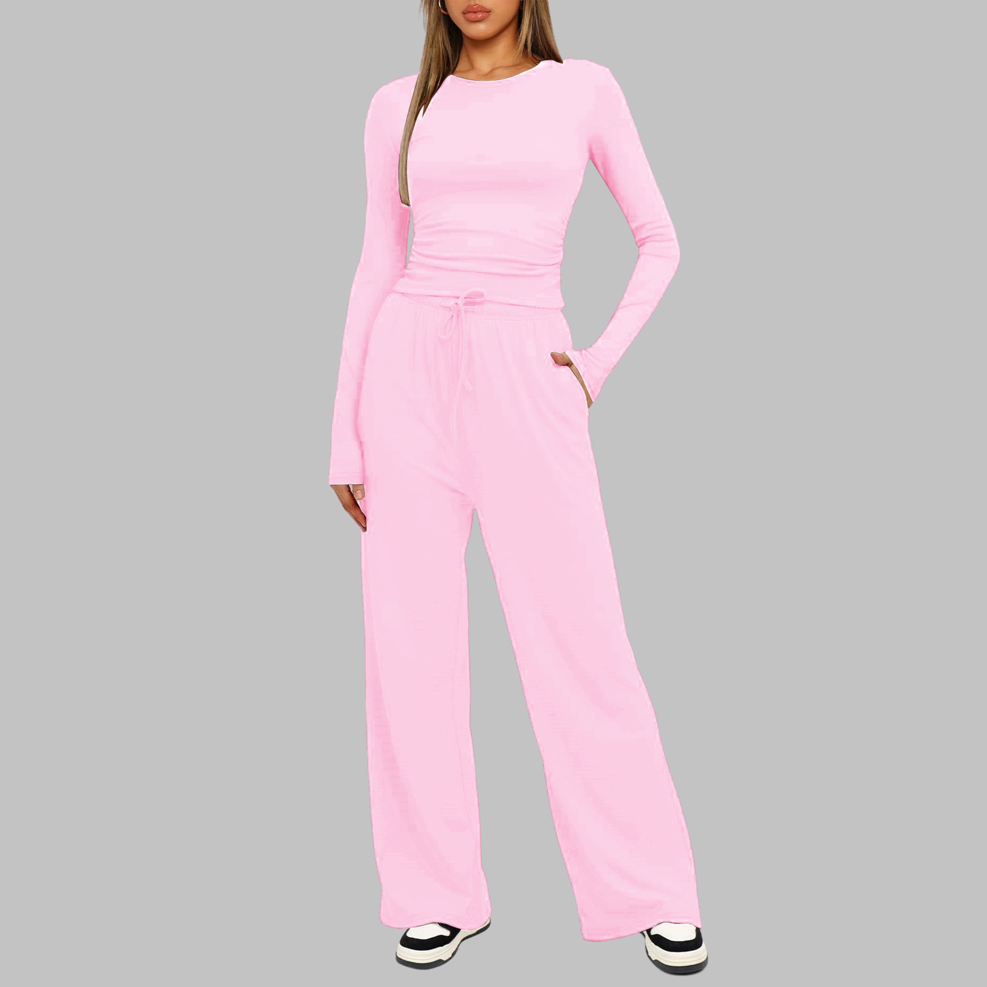 Women's Fitted Long Sleeve Top Wide Leg Trouser Set Ruched Waist