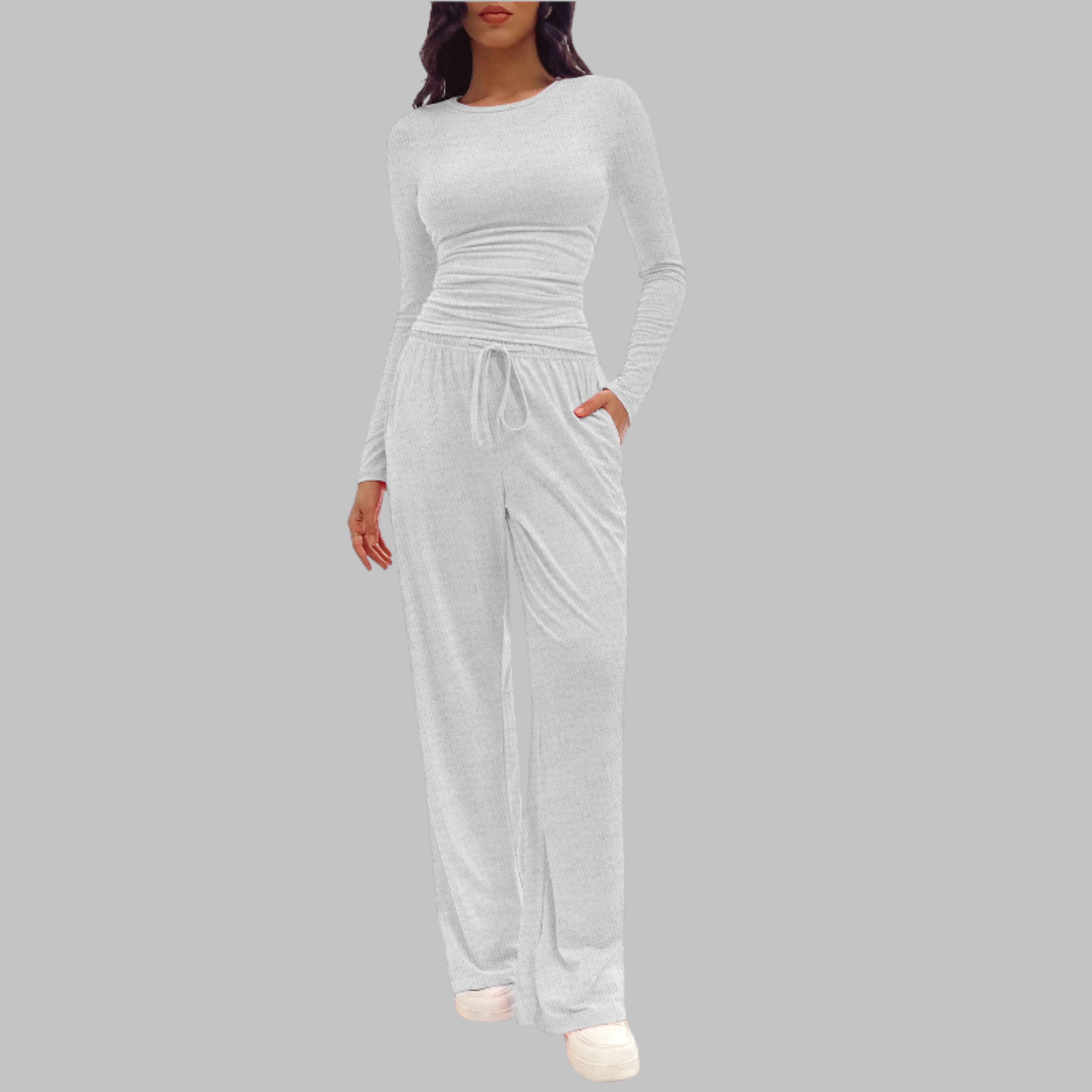 Women's Fitted Long Sleeve Top Wide Leg Trouser Set Ruched Waist
