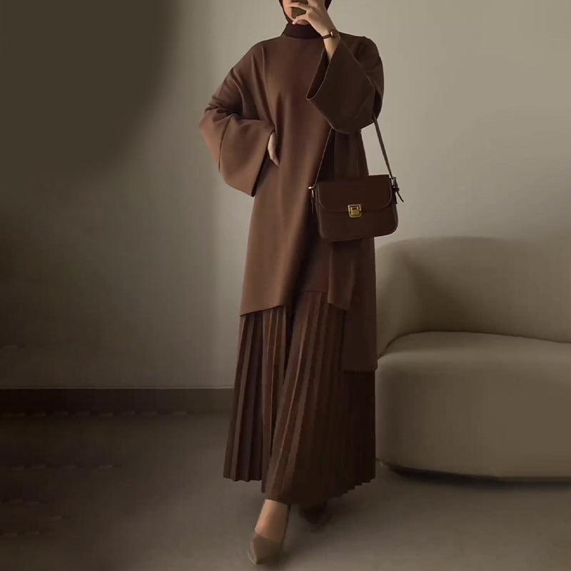 Women's Flared Sleeve Top Pleated Maxi Skirt Set Trumpet Cuff