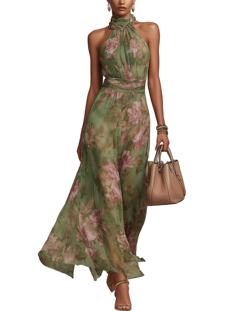 Women's Floral Halter Neck Chiffon Maxi Dress