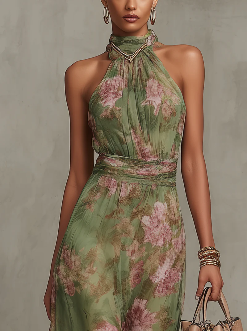 Women's Floral Halter Neck Chiffon Maxi Dress