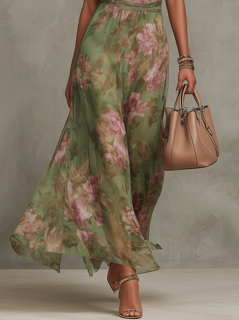 Women's Floral Halter Neck Chiffon Maxi Dress