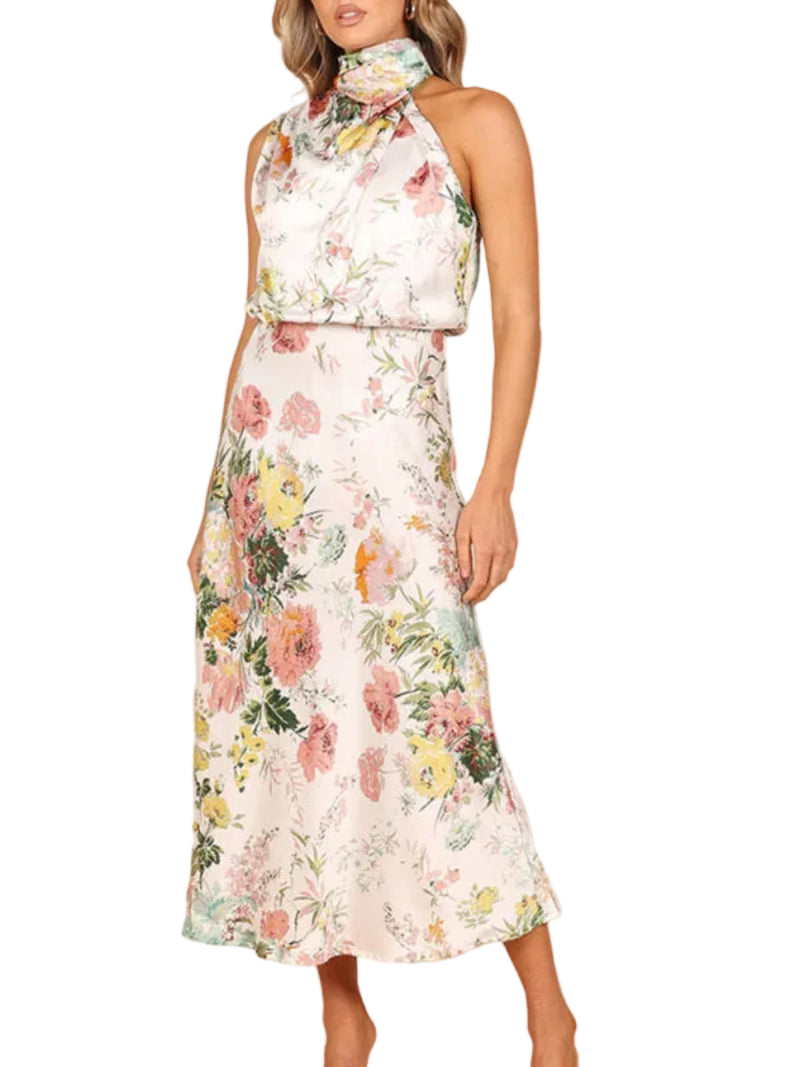 Women's Floral Halter Neck Sleeveless Dress Midi