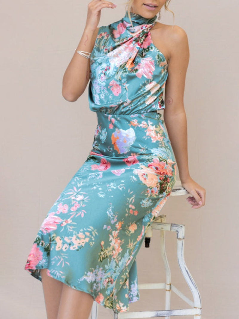 Women's Floral Halter Neck Sleeveless Dress Midi