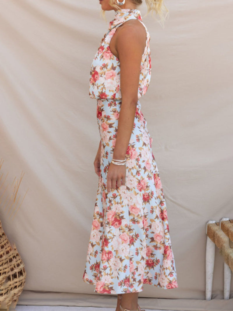 Women's Floral Halter Neck Sleeveless Dress Midi