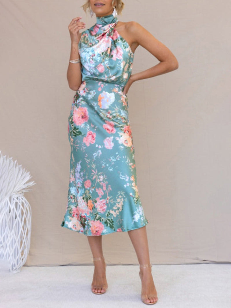Women's Floral Halter Neck Sleeveless Dress Midi