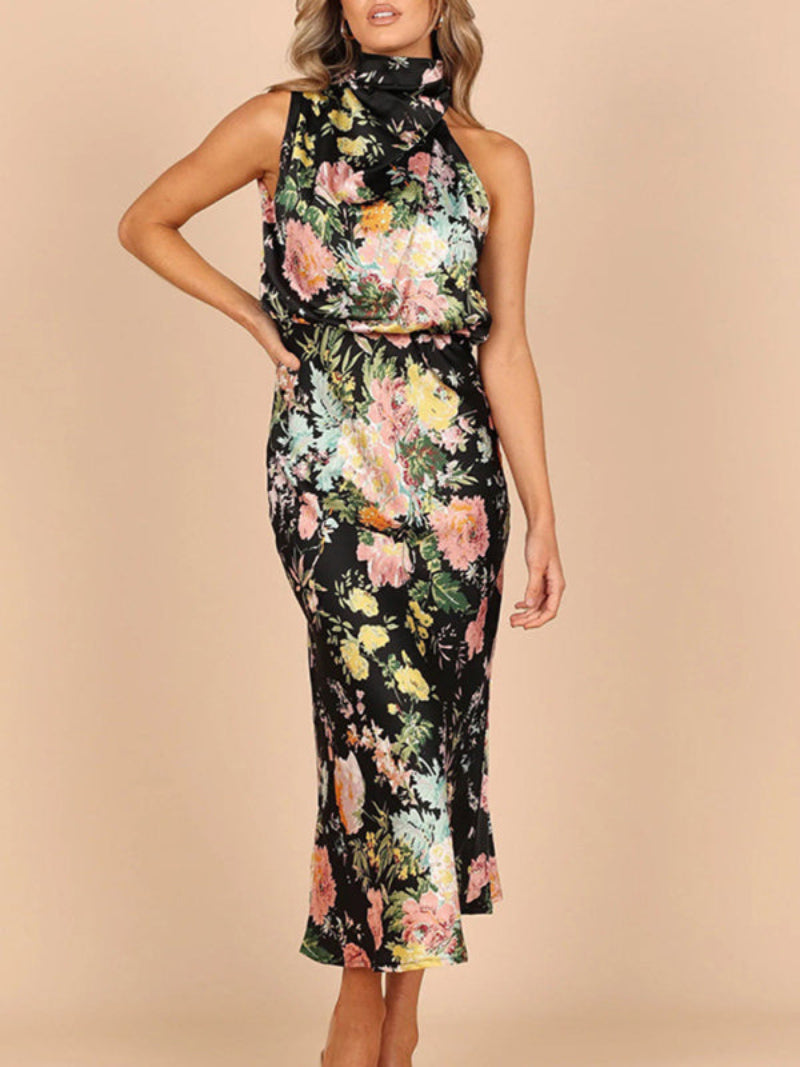 Women's Floral Halter Neck Sleeveless Dress Midi