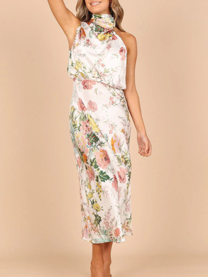 Women's Floral Halter Neck Sleeveless Dress Midi