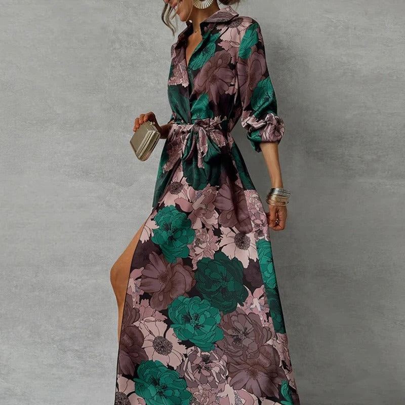 Women's Floral Shirt Dress Long Sleeve Maxi