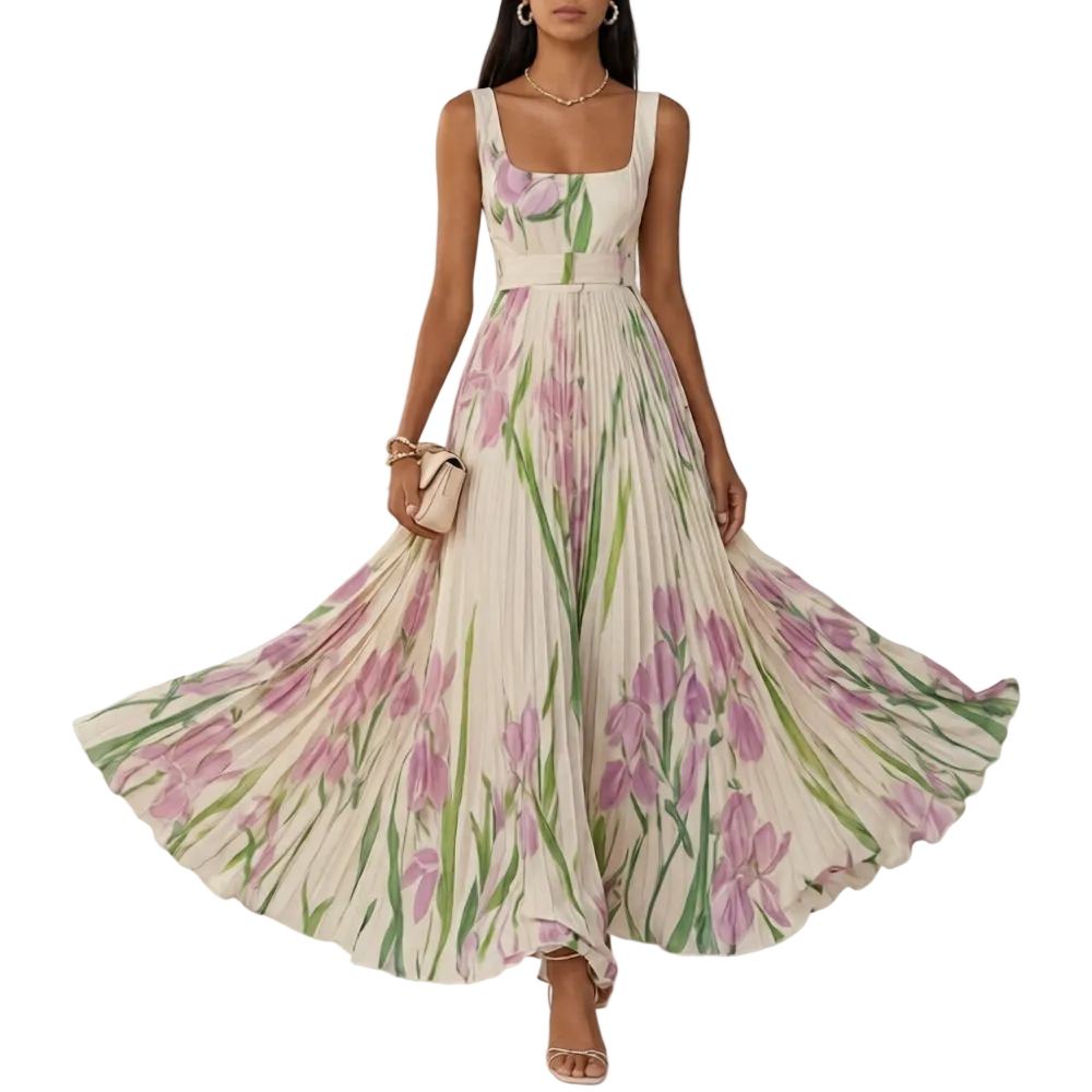 Women's Floral Square Neck Pleated A Line Dress Maxi