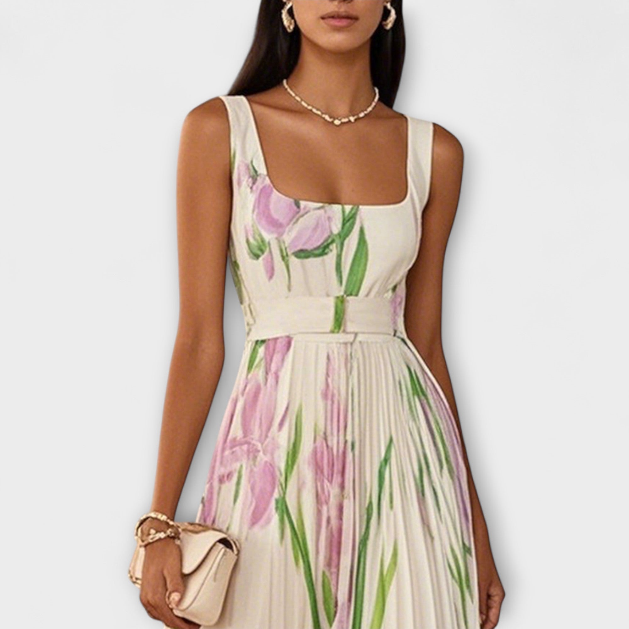 Women's Floral Square Neck Pleated A Line Dress Maxi
