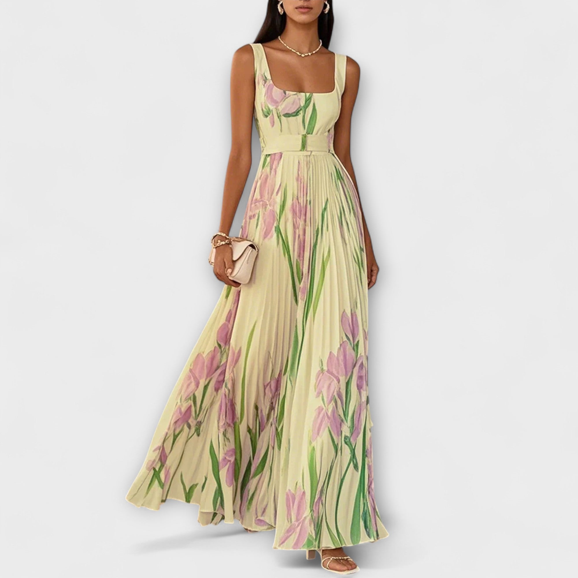 Women's Floral Square Neck Pleated A Line Dress Maxi