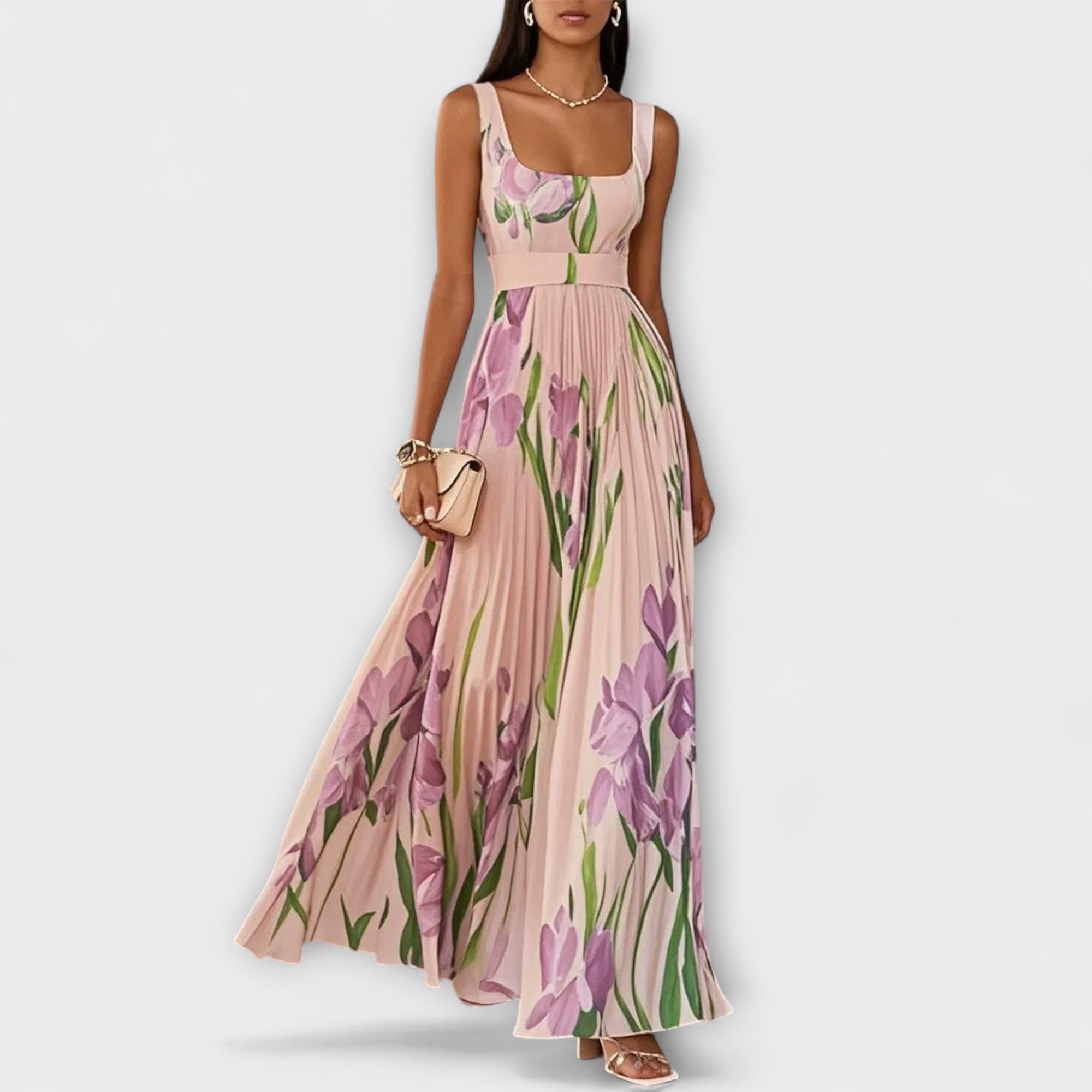 Women's Floral Square Neck Pleated A Line Dress Maxi