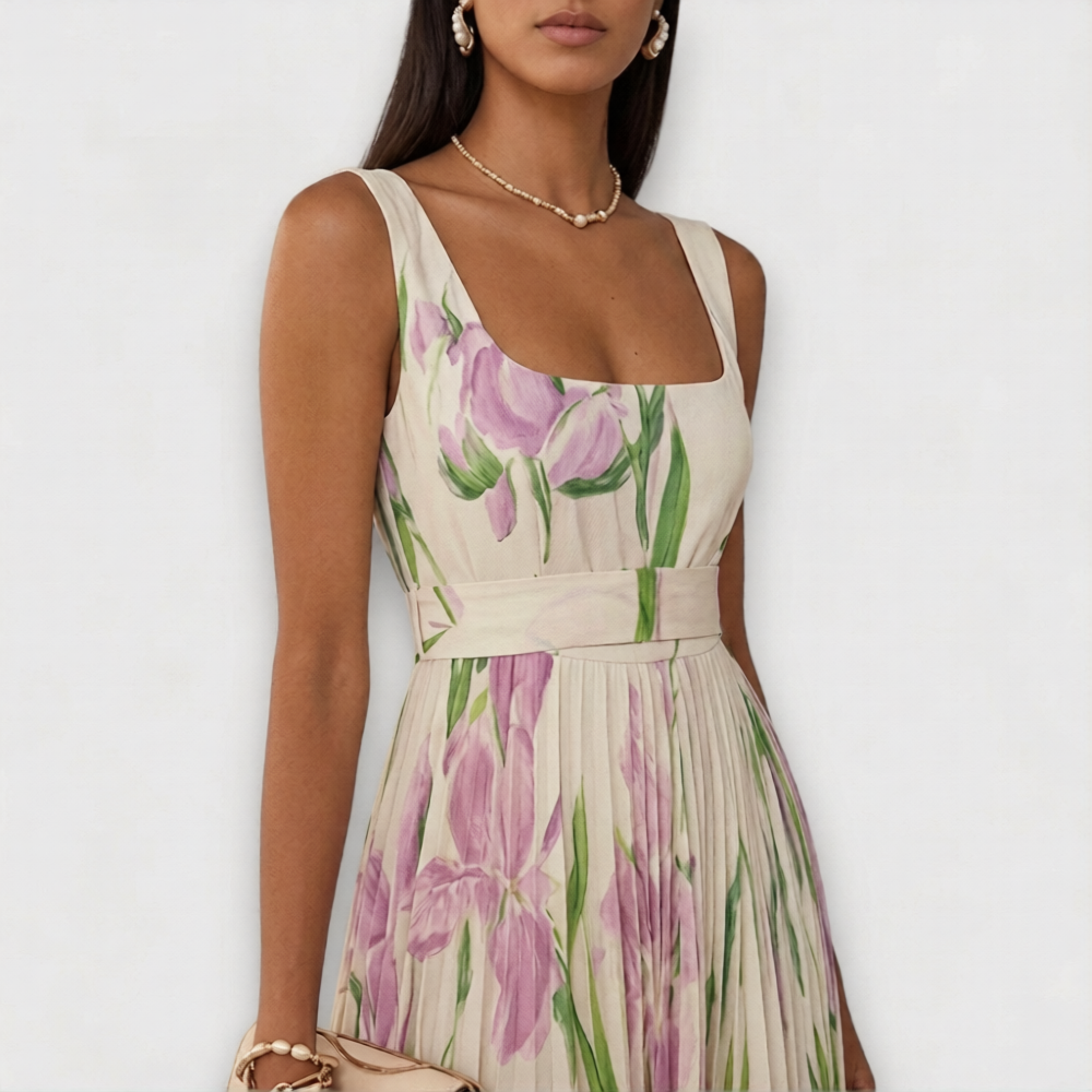 Women's Floral Square Neck Pleated A Line Dress Maxi