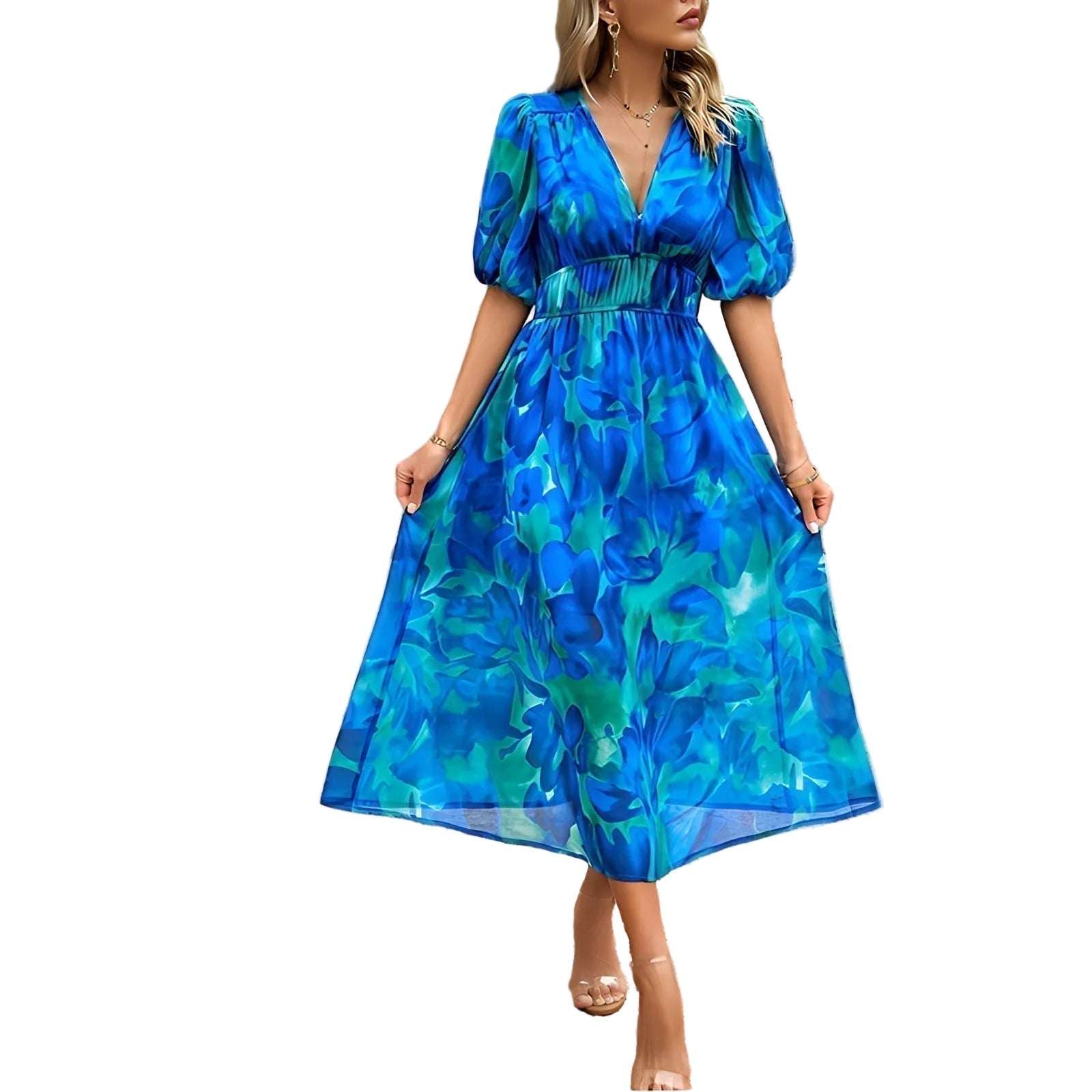 Women's Floral V Neck Midi Dress with Puff Sleeves