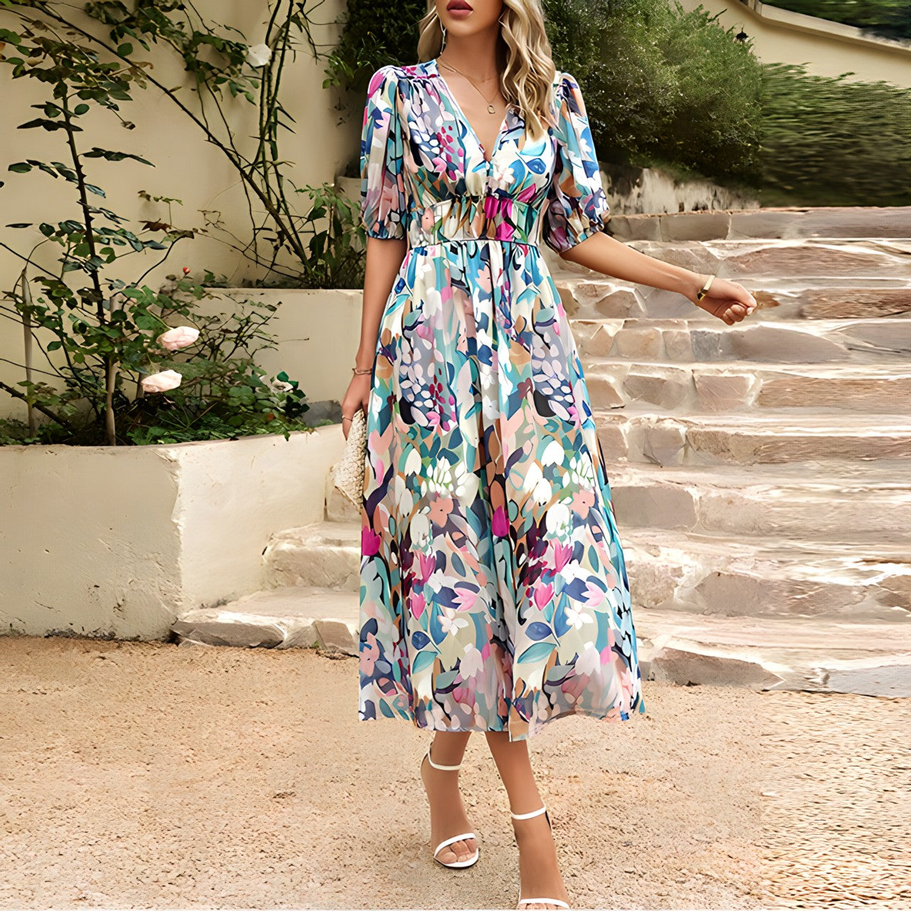 Women's Floral V Neck Midi Dress with Puff Sleeves