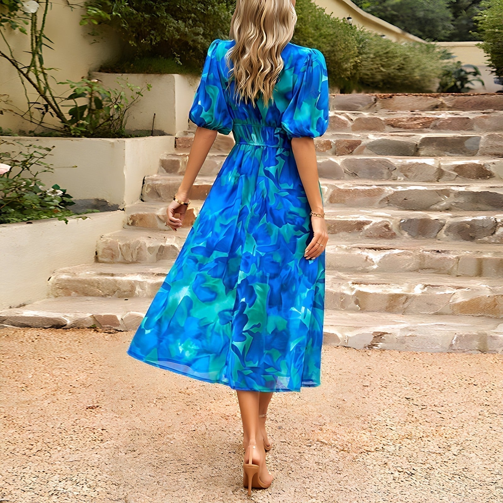 Women's Floral V Neck Midi Dress with Puff Sleeves
