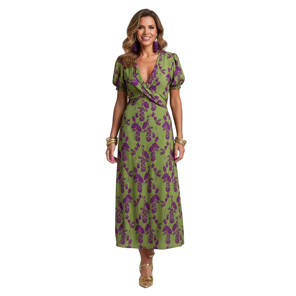 Women's Floral Wrap V Neck Puff Sleeve Dress Maxi