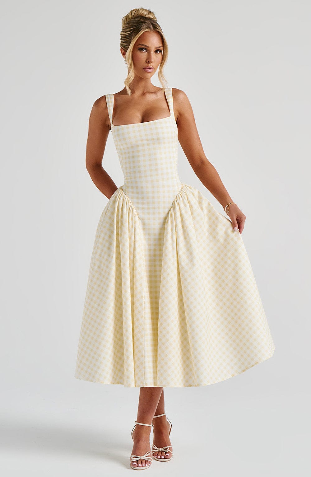 Women's Gingham Square Neck Full Skirt Dress Midi