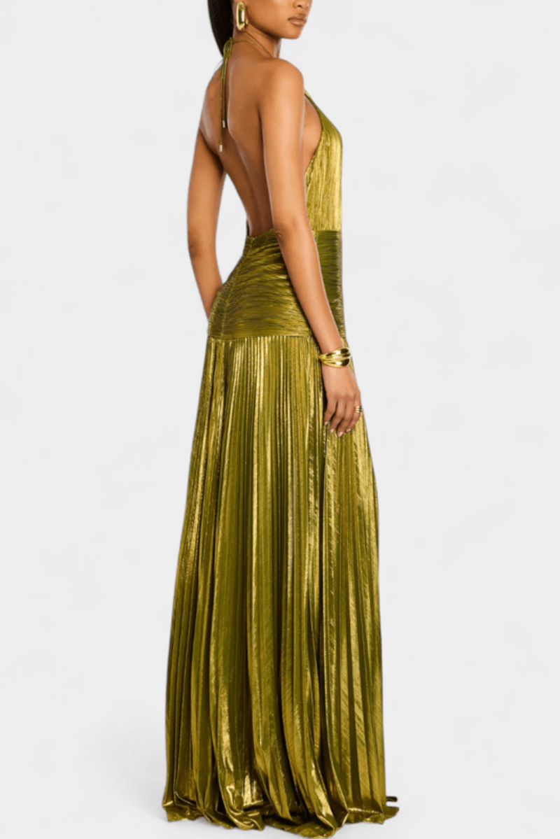 Women's Halter Neck Pleated High Slit Dress Maxi