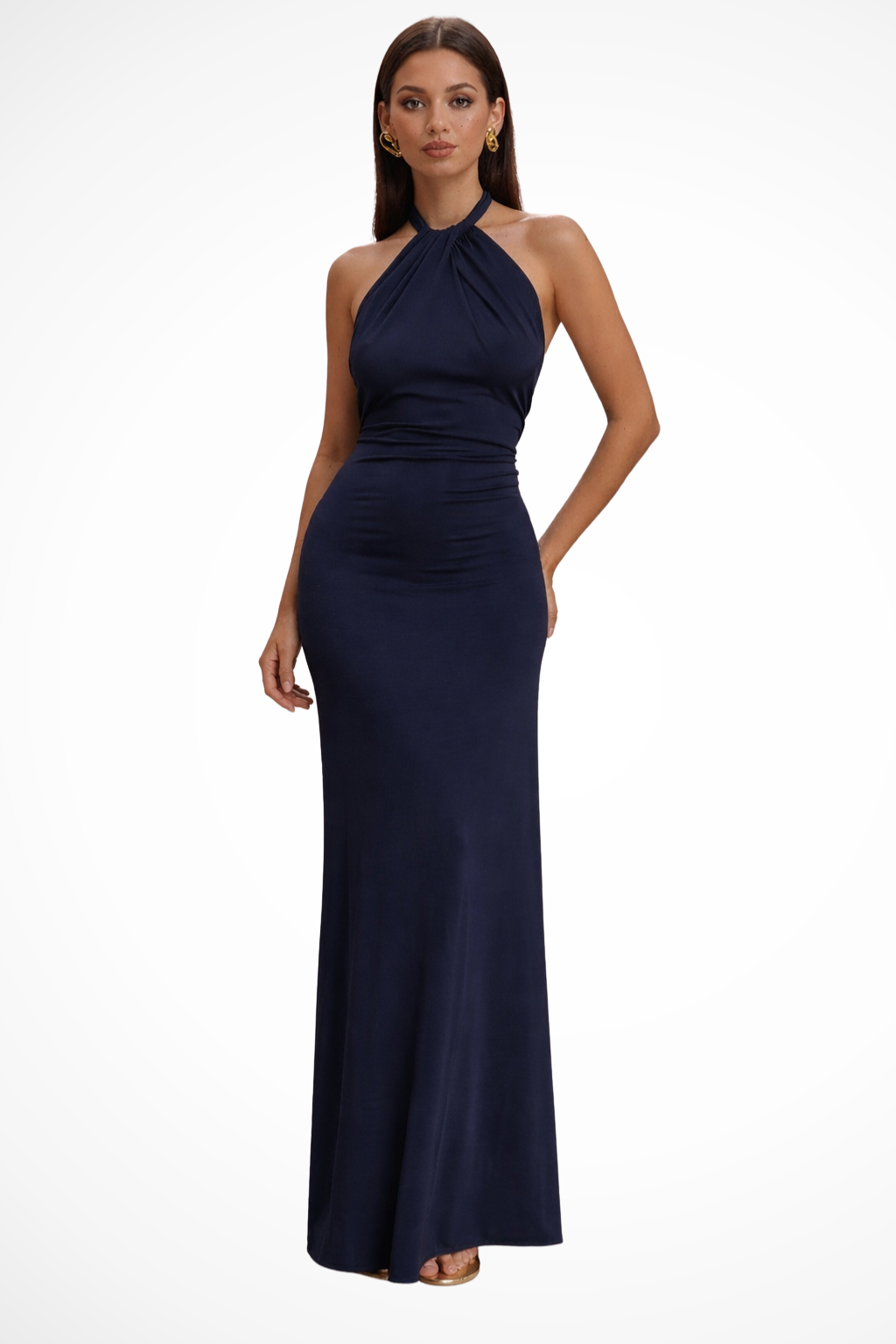 Women's Halter Neck Ruched Bodycon Dress Maxi