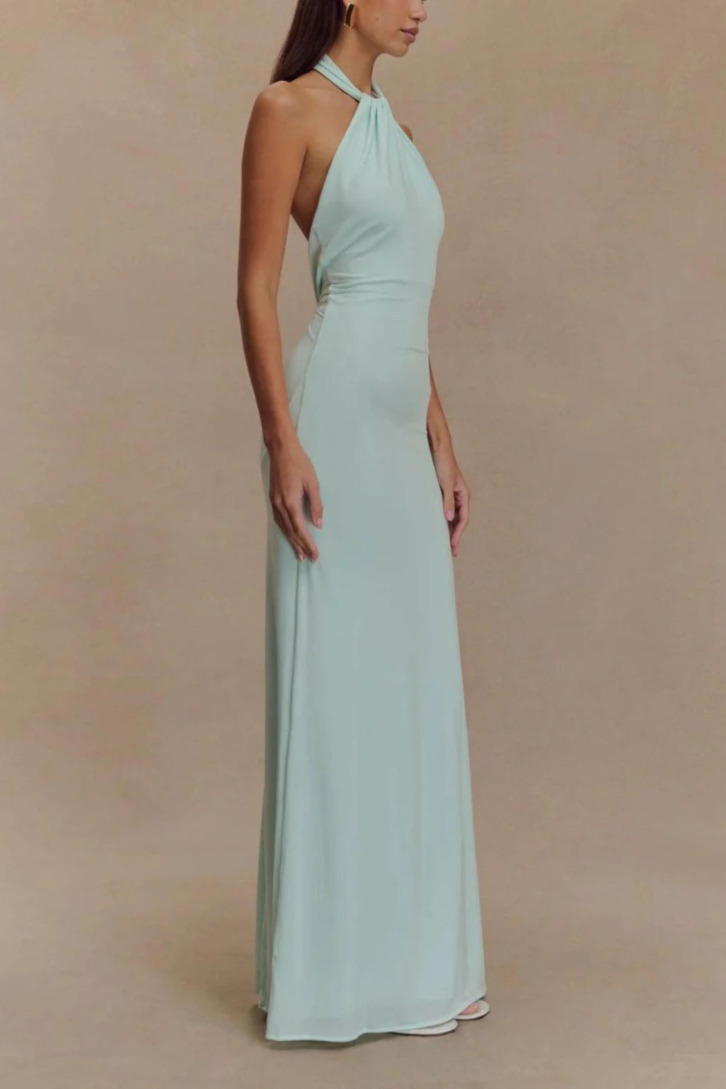 Women's Halter Neck Ruched Bodycon Dress Maxi