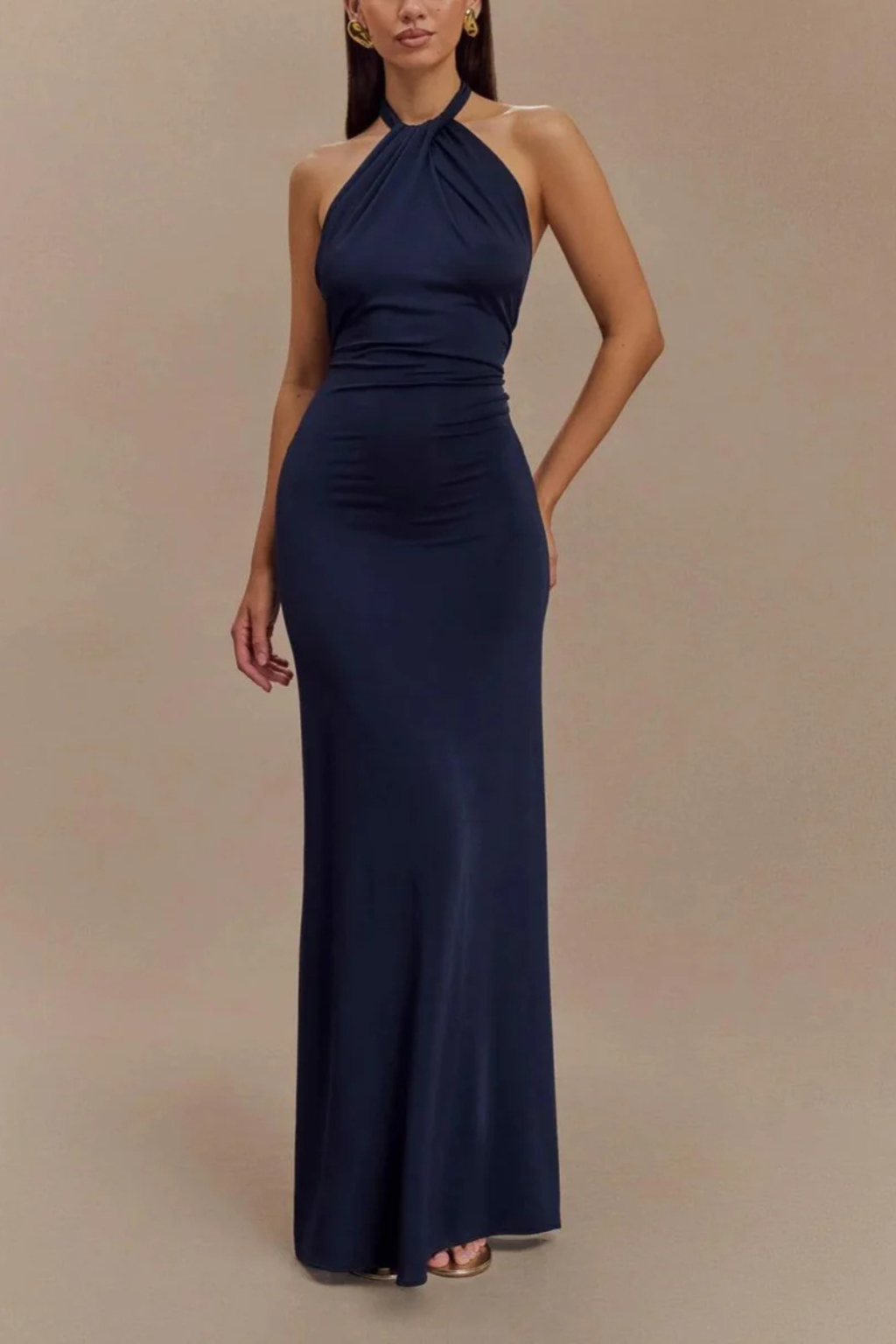 Women's Halter Neck Ruched Bodycon Dress Maxi