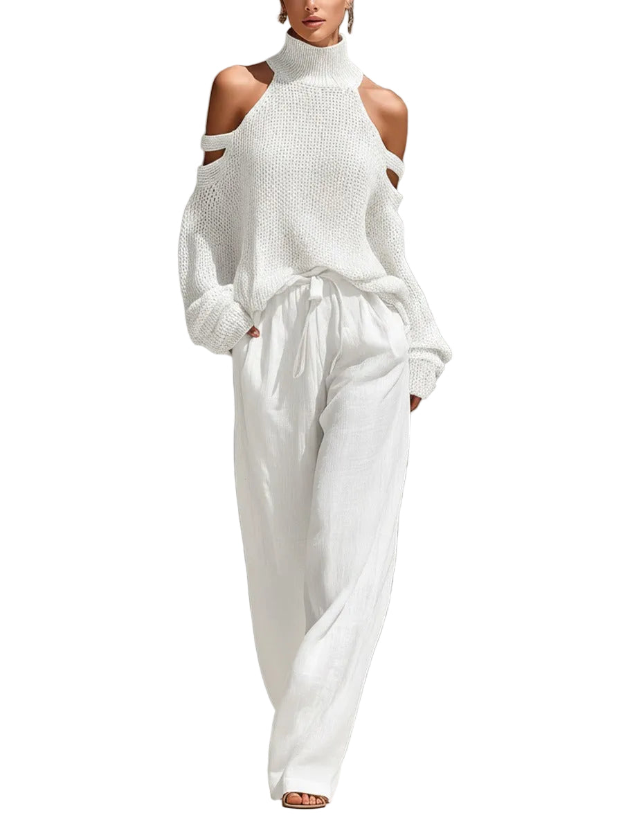 Women's High Neck Knit Sweater Wide Leg Trousers Set