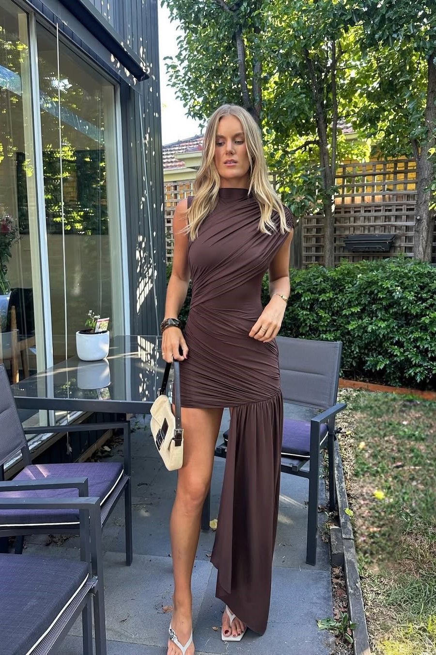 Women's High Neck Ruched Asymmetric Dress Mini
