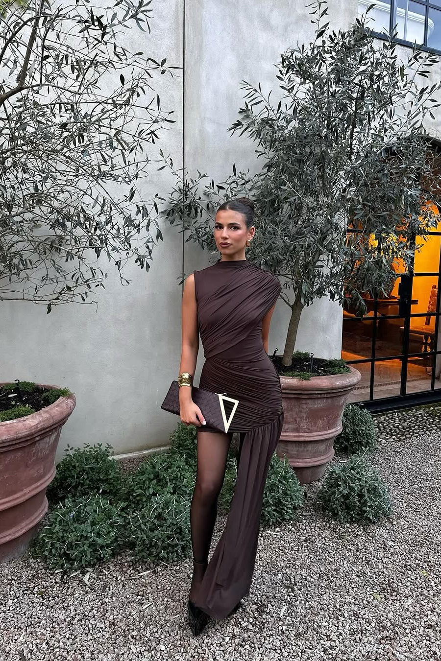 Women's High Neck Ruched Asymmetric Dress Mini