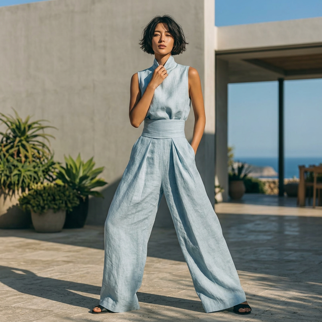 Women's Mock Neck Sleeveless Top Wide Leg Woven Trousers Set