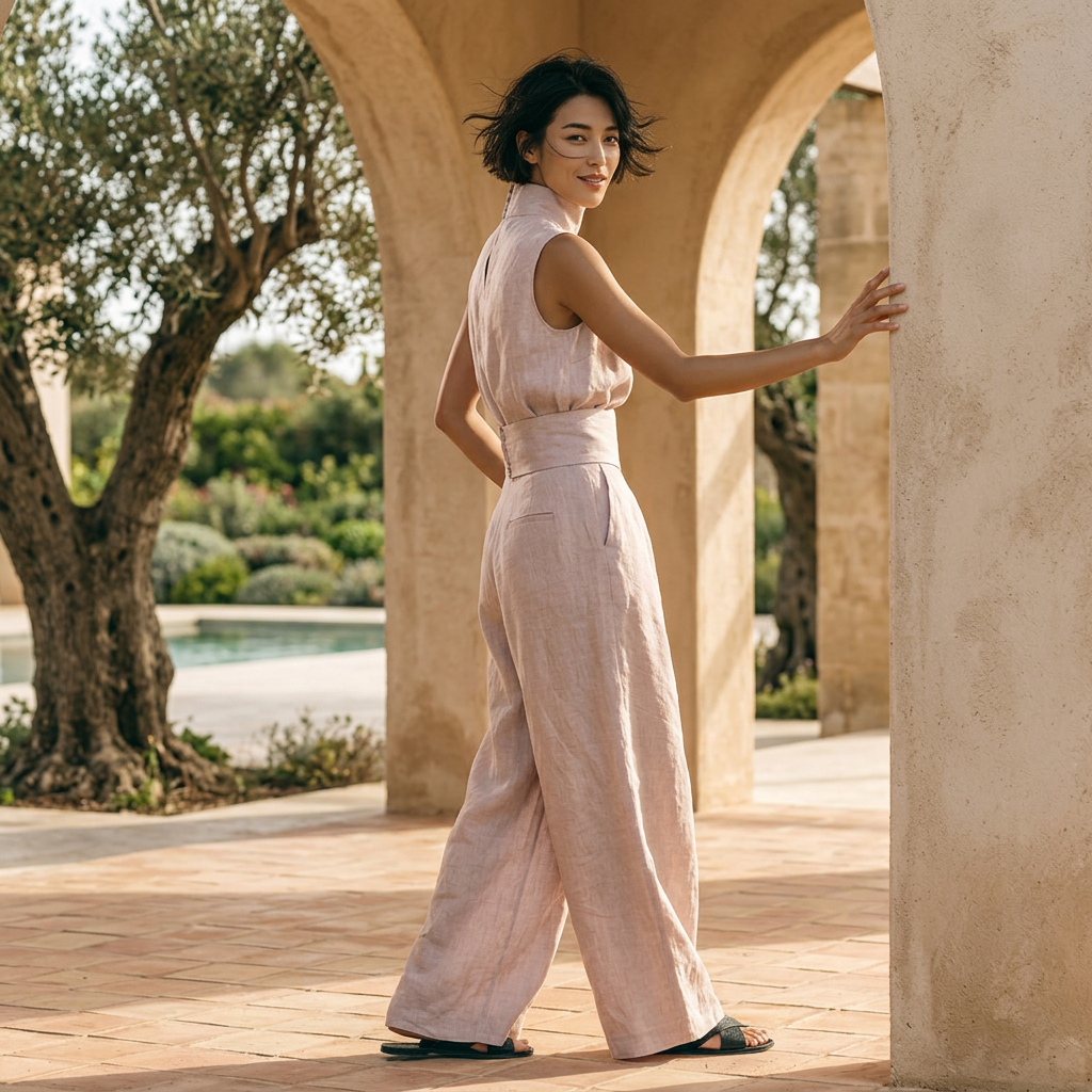 Women's Mock Neck Sleeveless Top Wide Leg Woven Trousers Set