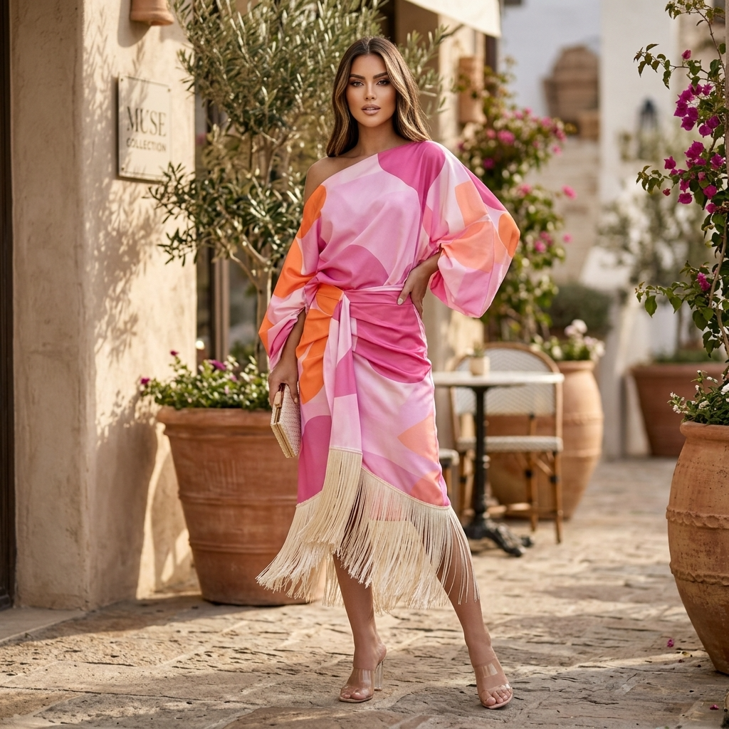 Women's One Shoulder Abstract Print Fringe Midi Skirt Set