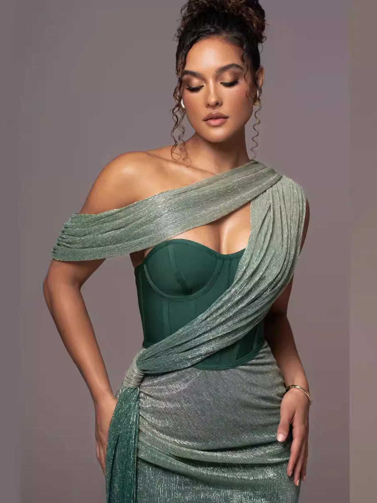 Women's One Shoulder Corset Draped Dress Maxi
