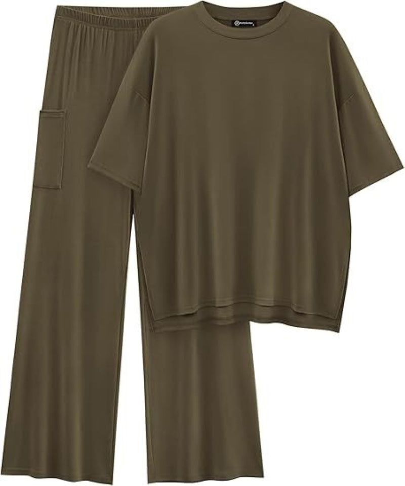 Women's Oversized T Shirt Wide Leg Trouser Set Dropped Shoulder