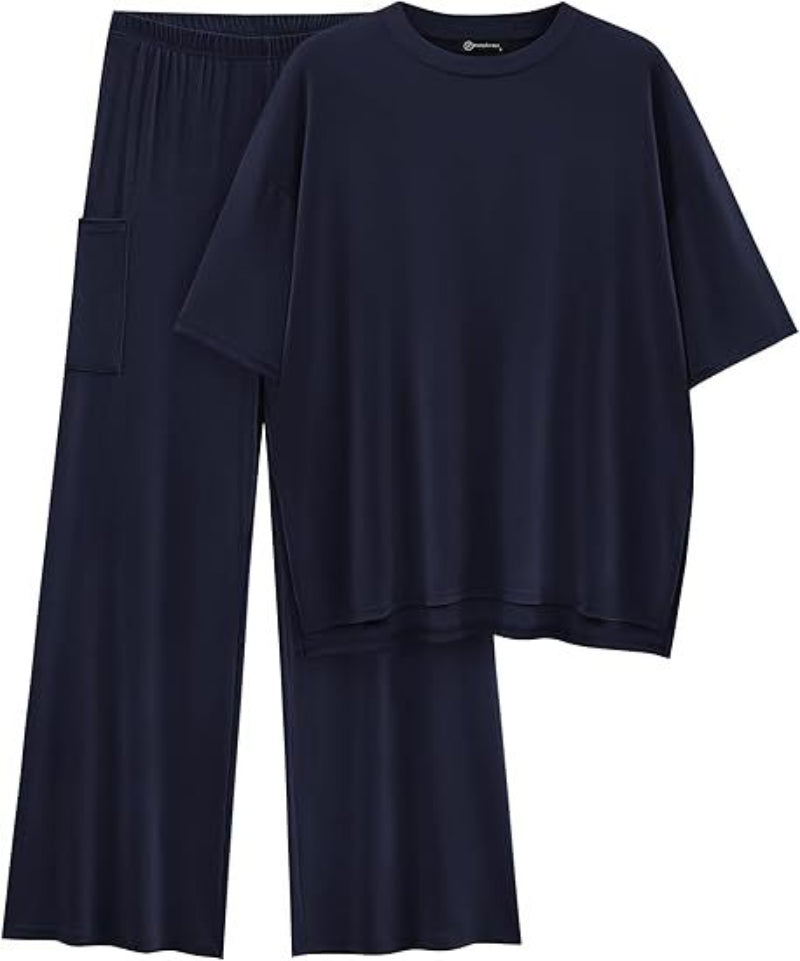 Women's Oversized T Shirt Wide Leg Trouser Set Dropped Shoulder