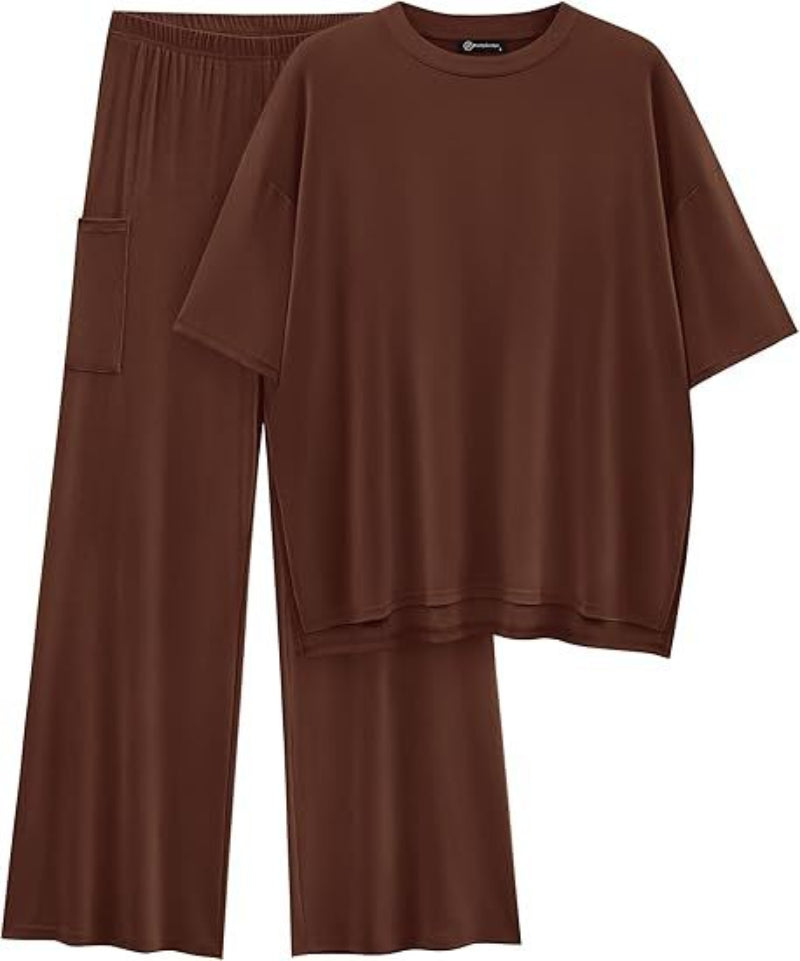 Women's Oversized T Shirt Wide Leg Trouser Set Dropped Shoulder