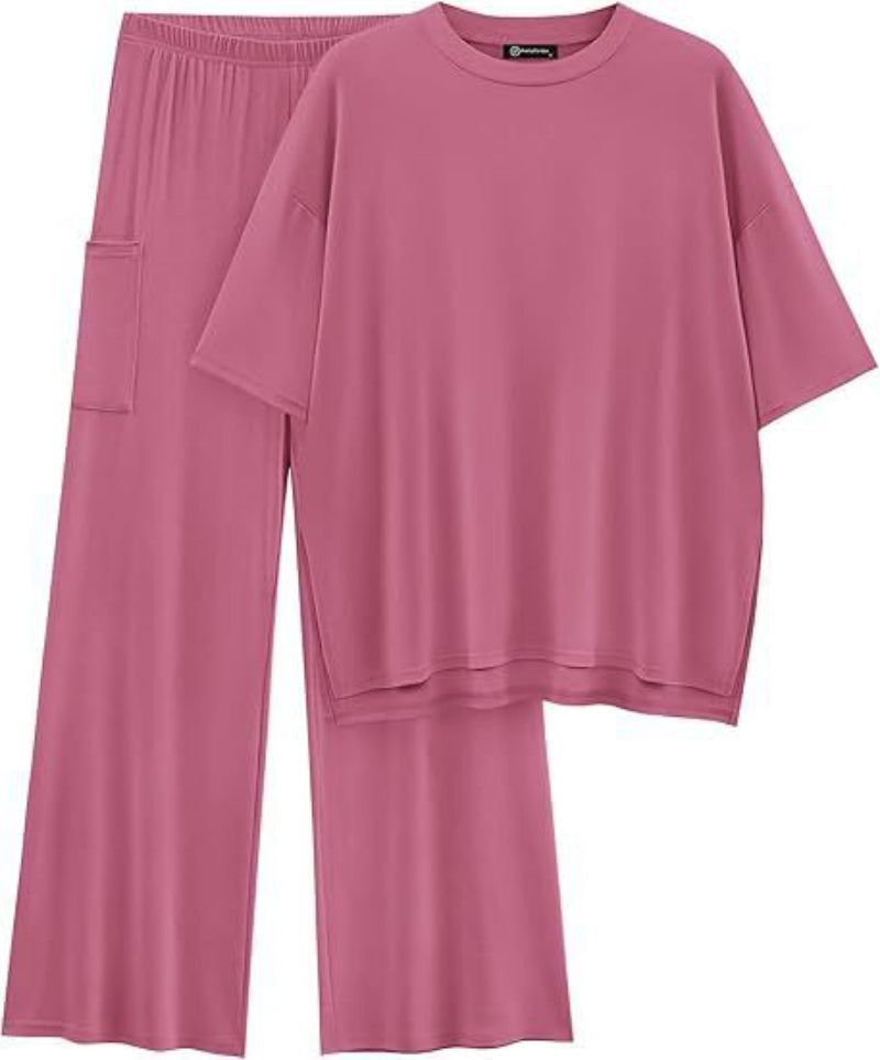Women's Oversized T Shirt Wide Leg Trouser Set Dropped Shoulder