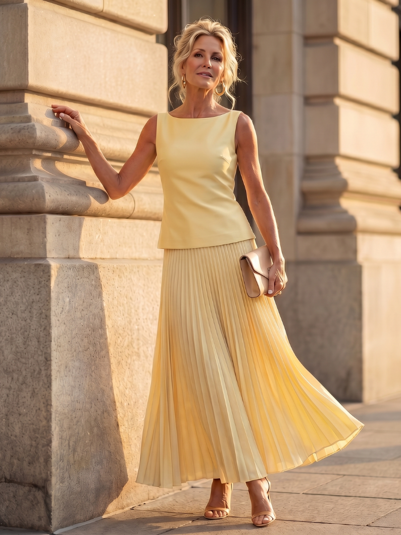 Women's Pleated Maxi Skirt Sleeveless Top Set